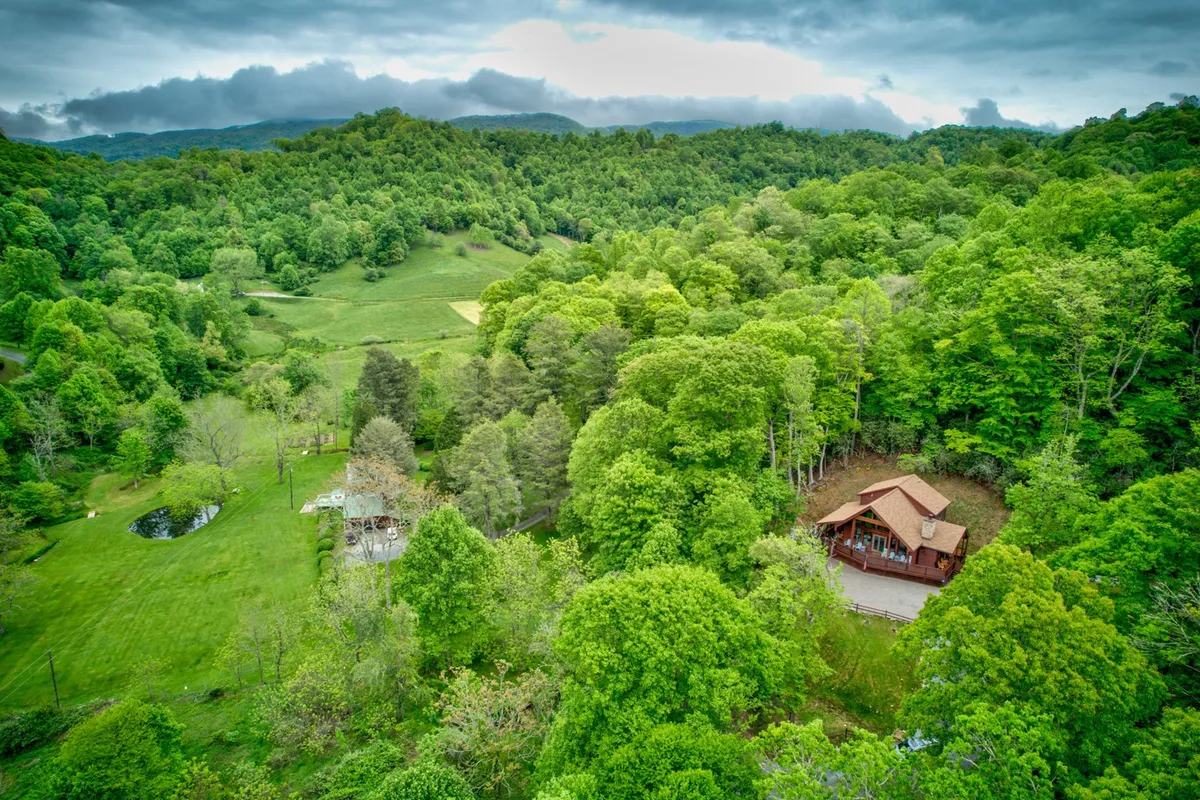 A tranquil exterior shot of a log cabin nestled amidst a lush green landscape, with a peaceful pond visible in the foreground. The setting exudes seclusion and natural beauty, inviting guests to immerse themselves in the outdoor environment. The porch overlooks the pond, hinting at opportunities for lakeside relaxation and wildlife watching.