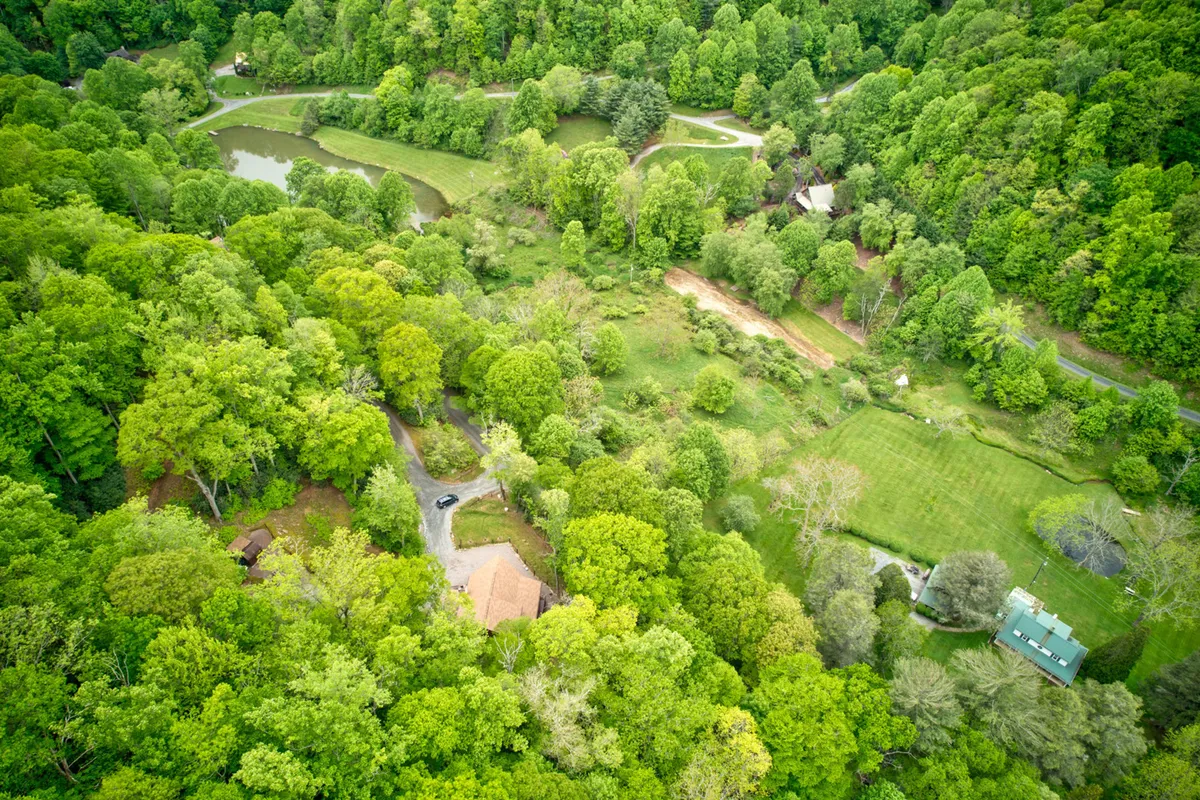 A picturesque view of a pond surrounded by lush green trees and a spacious lawn, with a winding road and distant homes visible. The landscape is tailored for nature walks, picnics, and provides a sense of the broader community setting.
